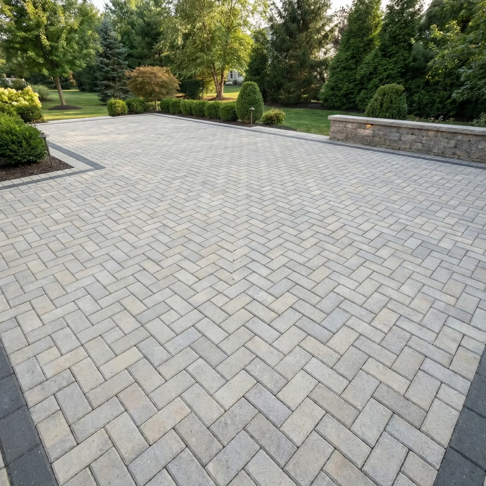image Wide area paved with light gray interlocking bricks, bordered by a low stone wall and lush trees and shrubs